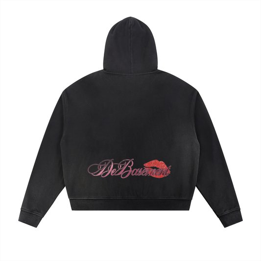 distressed kiss zip up hoodie (black)