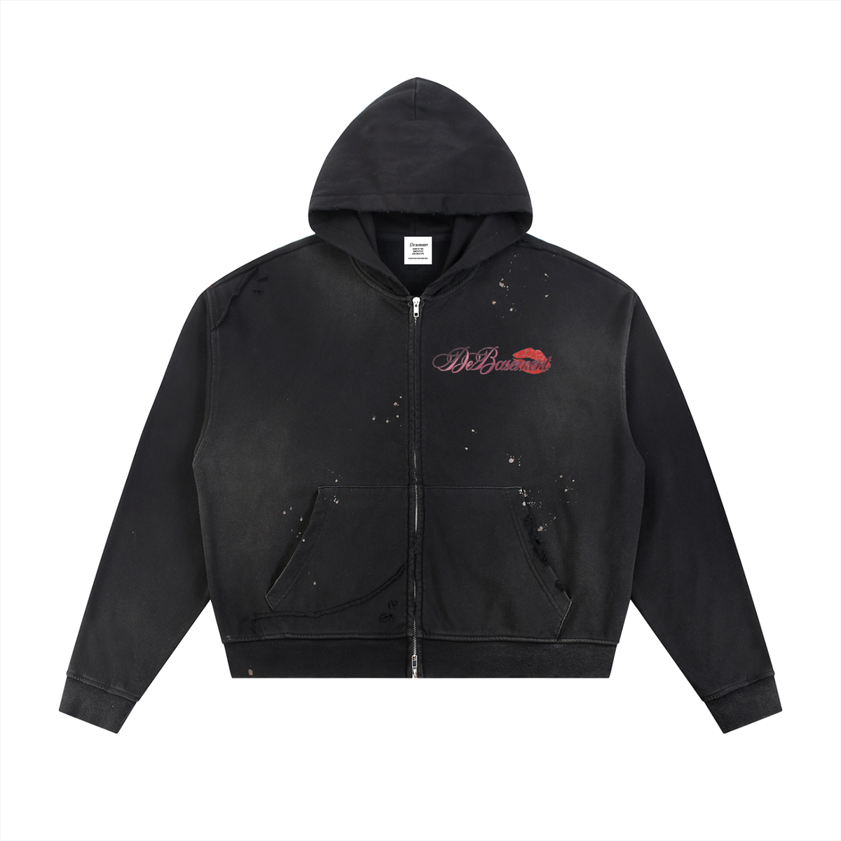 distressed kiss script zip up (washed black)