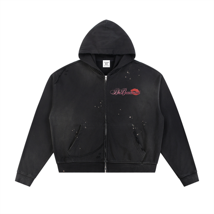 distressed kiss script zip up (washed black)