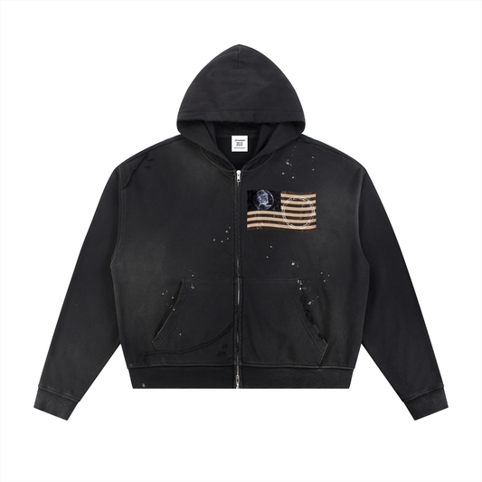 distressed team zip up (washed black)