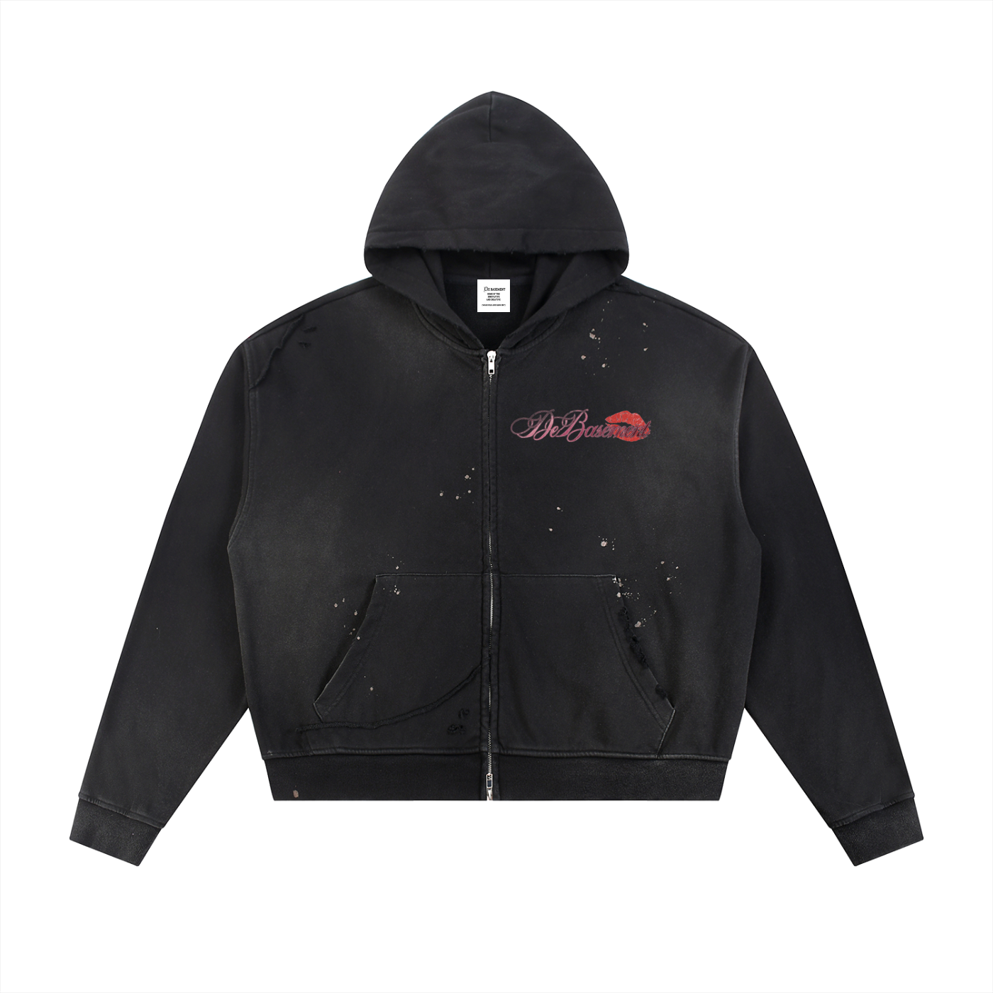 distressed kiss zip up hoodie (black)