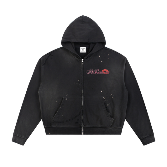 distressed kiss zip up hoodie (black)